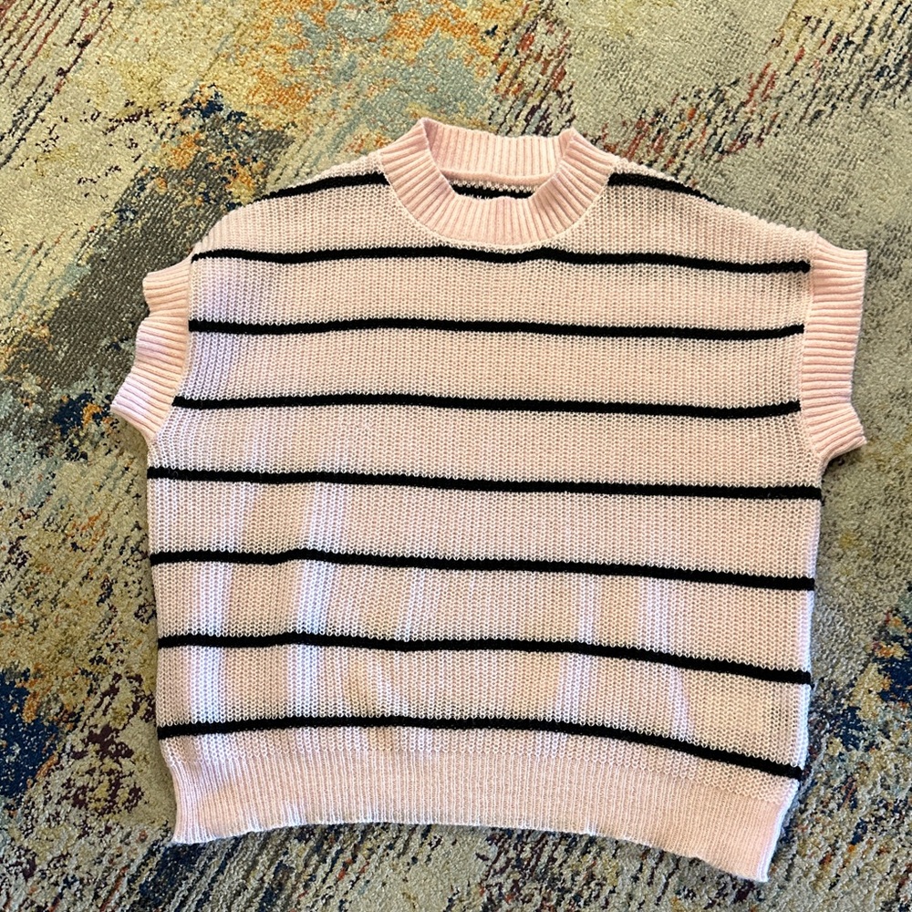 SHEIN Pink and Black Striped Crew Neck Sweater